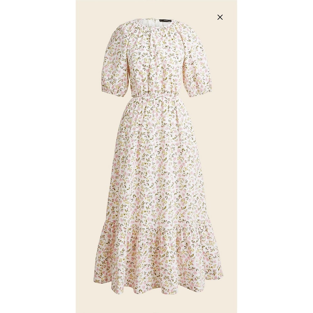 J.Crew Floral Cotton Poplin‎ Puff Sleeve Cutout Back Midi Dress Pink White sz 16